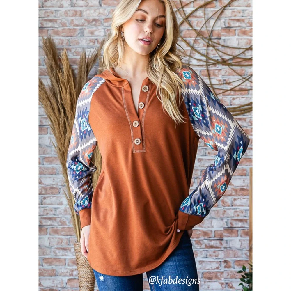 NEW! V Neck Button Detail Burnt Orange Aztec Contrast Hoodie! - Picture 4 of 9